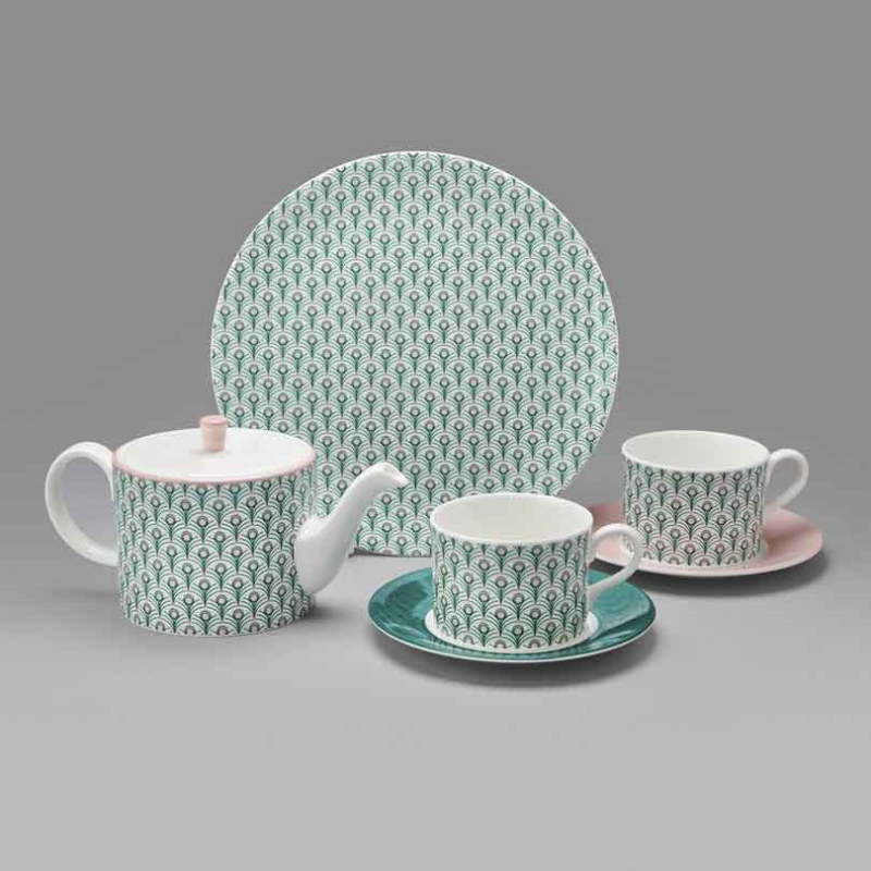 Peacock Tea Plate, D24cm, Teal & Blush Pink