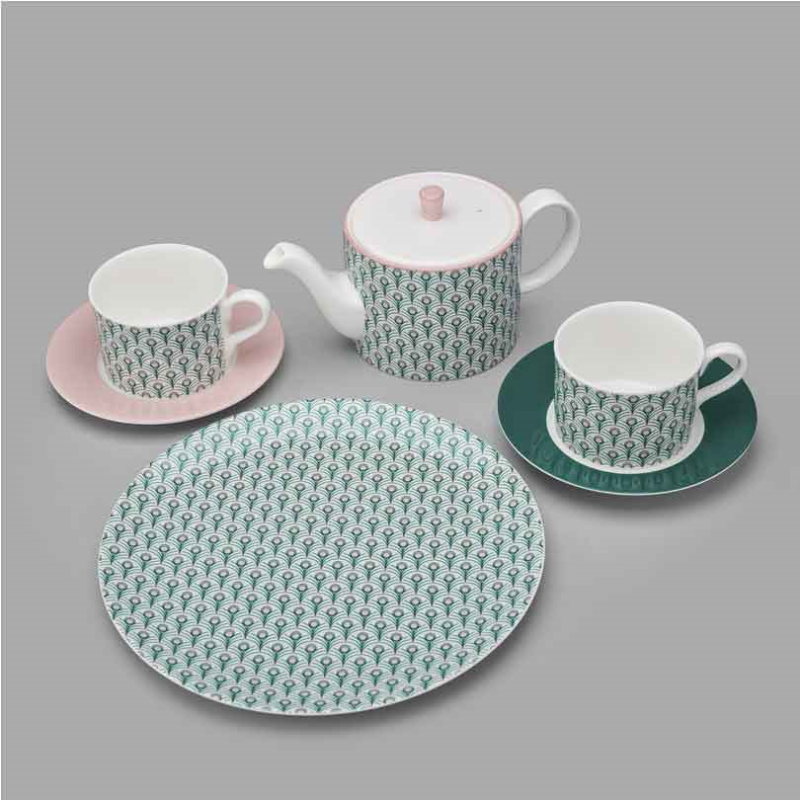 Peacock Tea Plate, D24cm, Teal & Blush Pink