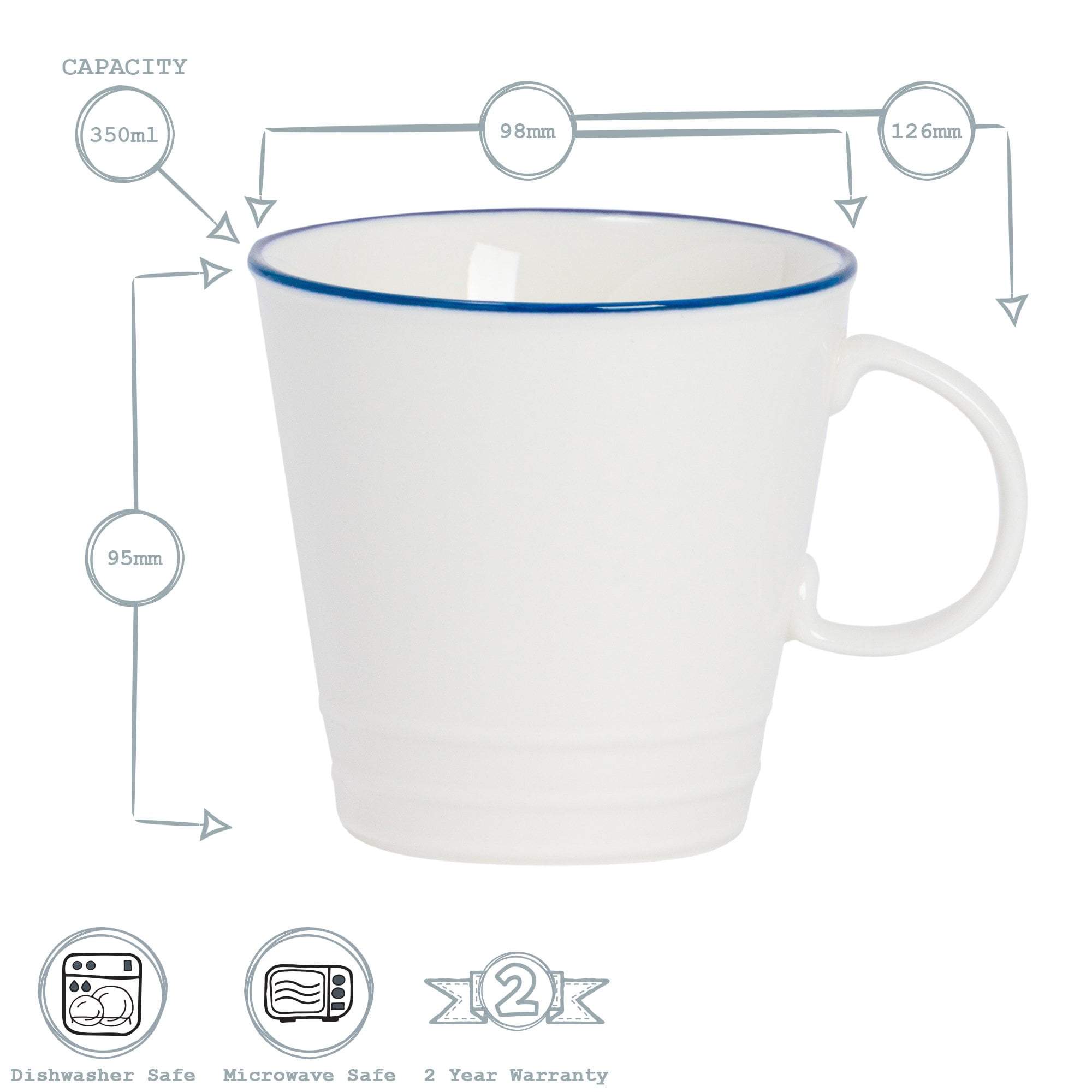 350ml Farmhouse White Porcelain Coffee Mugs - Pack of Six