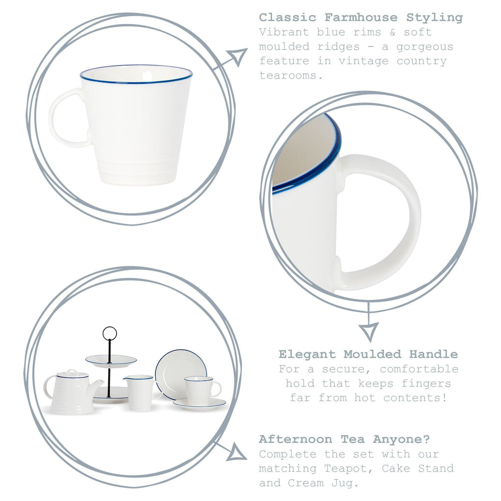 350ml Farmhouse White Porcelain Coffee Mugs - Pack of Six