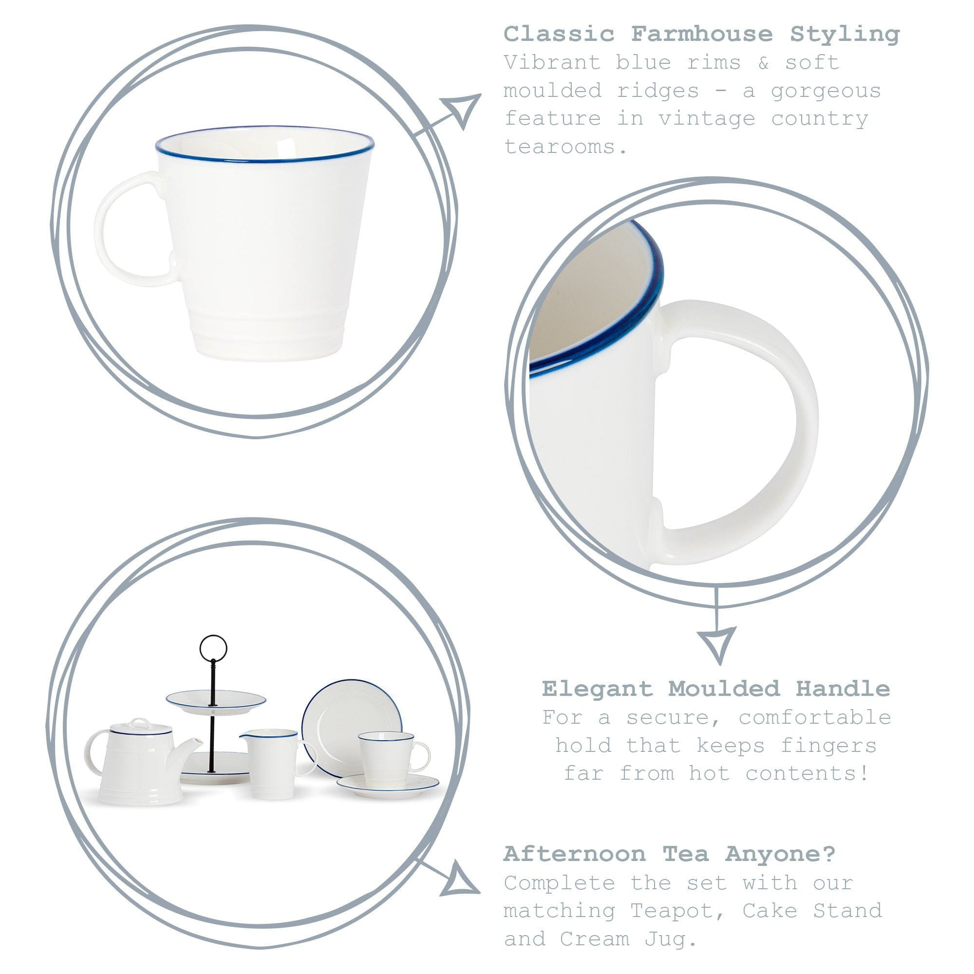 350ml Farmhouse White Porcelain Coffee Mugs - Pack of Six