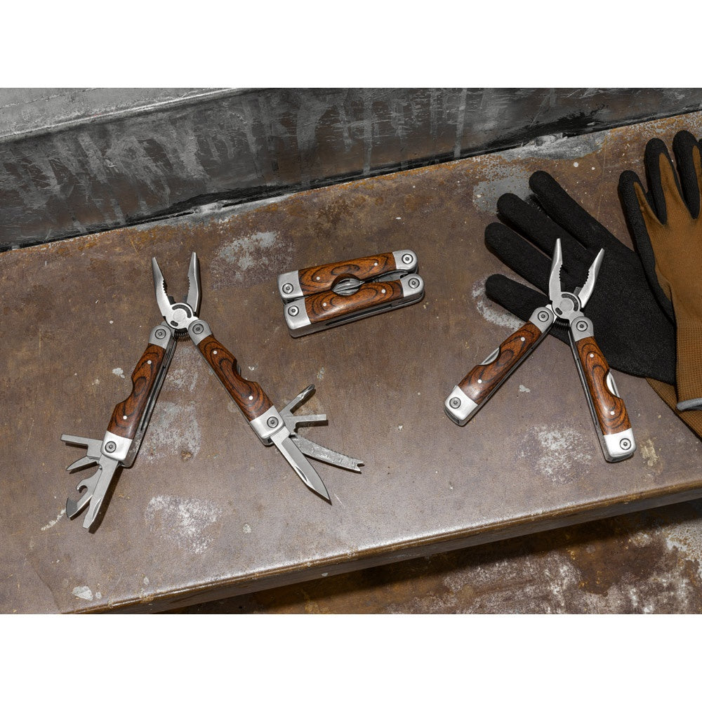 MAGNUM. Folding pliers with multi-function tools in stainless steel and wood