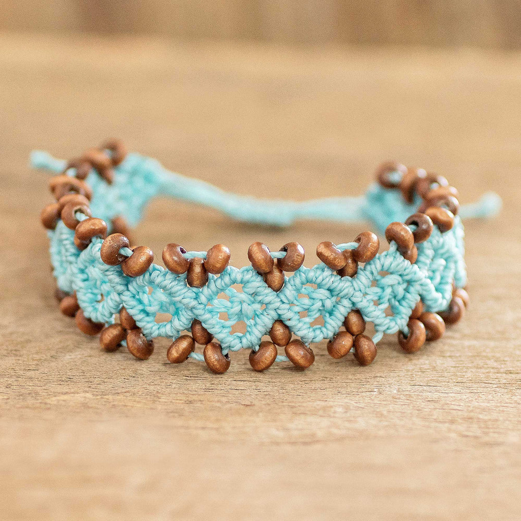 Pine Wood Beaded Rhomboid Macrame Bracelet in Light Blue - Boats on the Sea