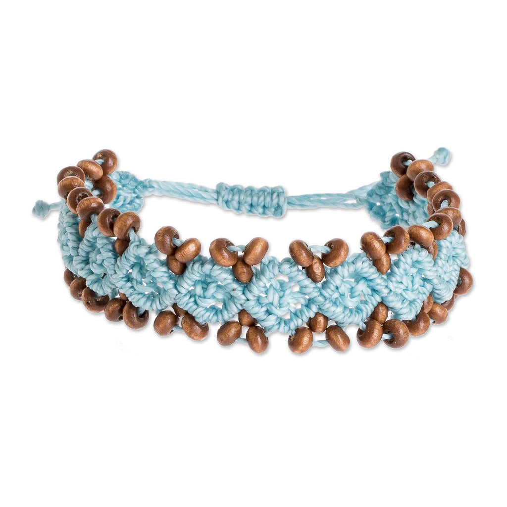 Pine Wood Beaded Rhomboid Macrame Bracelet in Light Blue - Boats on the Sea