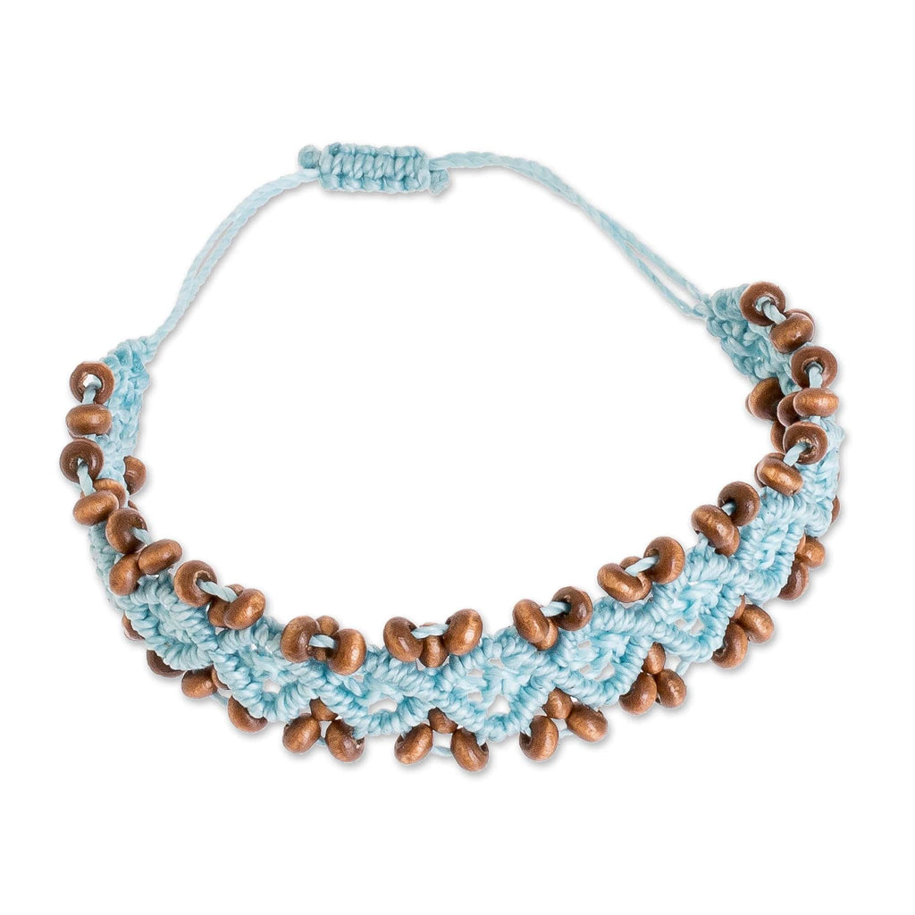 Pine Wood Beaded Rhomboid Macrame Bracelet in Light Blue - Boats on the Sea