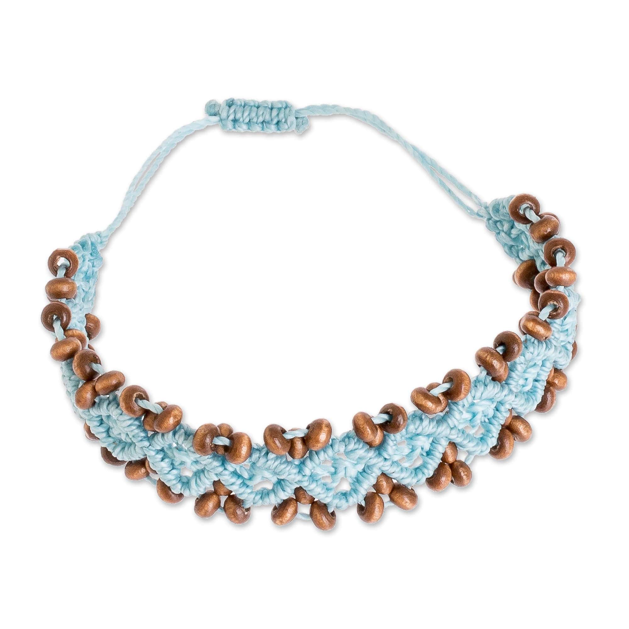 Pine Wood Beaded Rhomboid Macrame Bracelet in Light Blue - Boats on the Sea