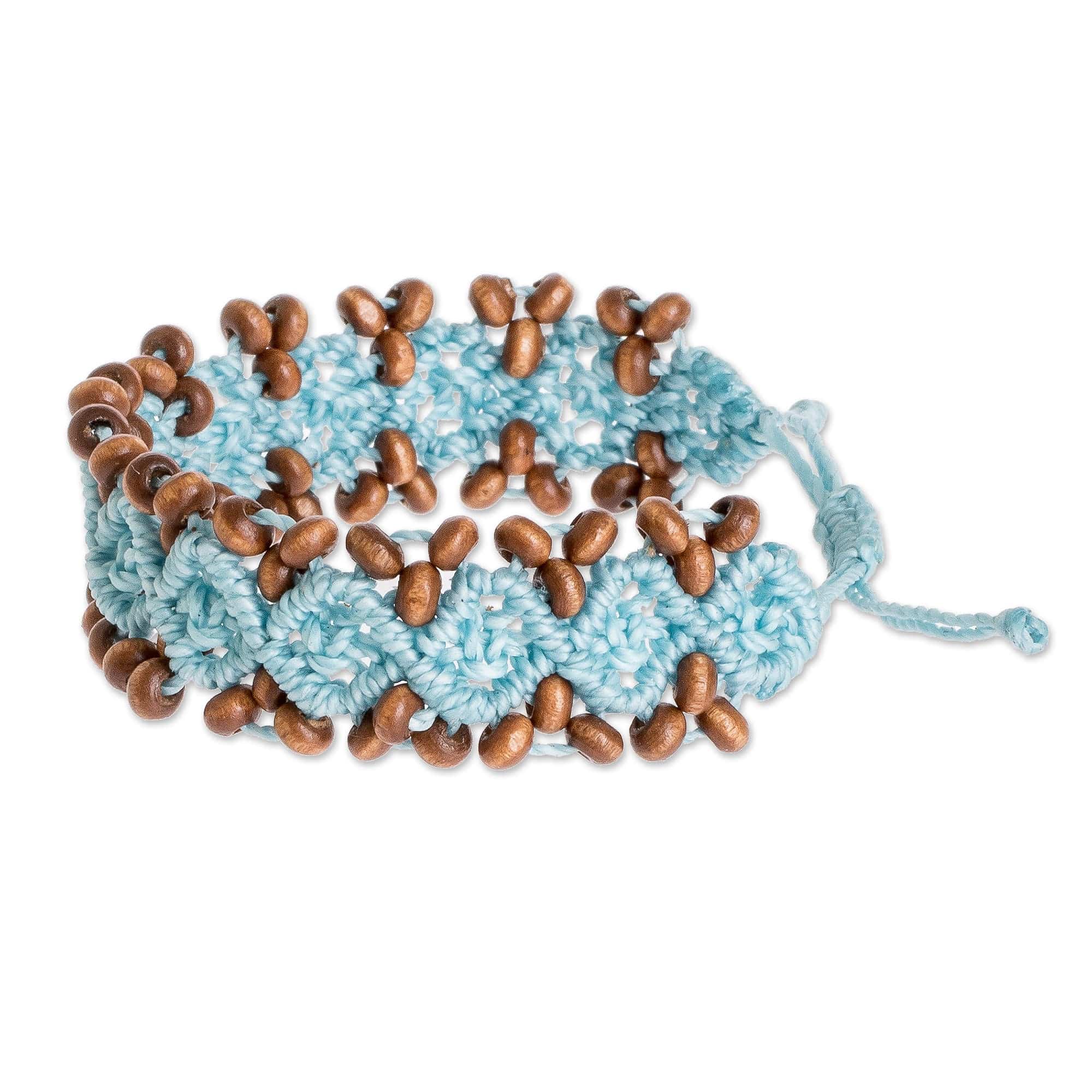 Pine Wood Beaded Rhomboid Macrame Bracelet in Light Blue - Boats on the Sea