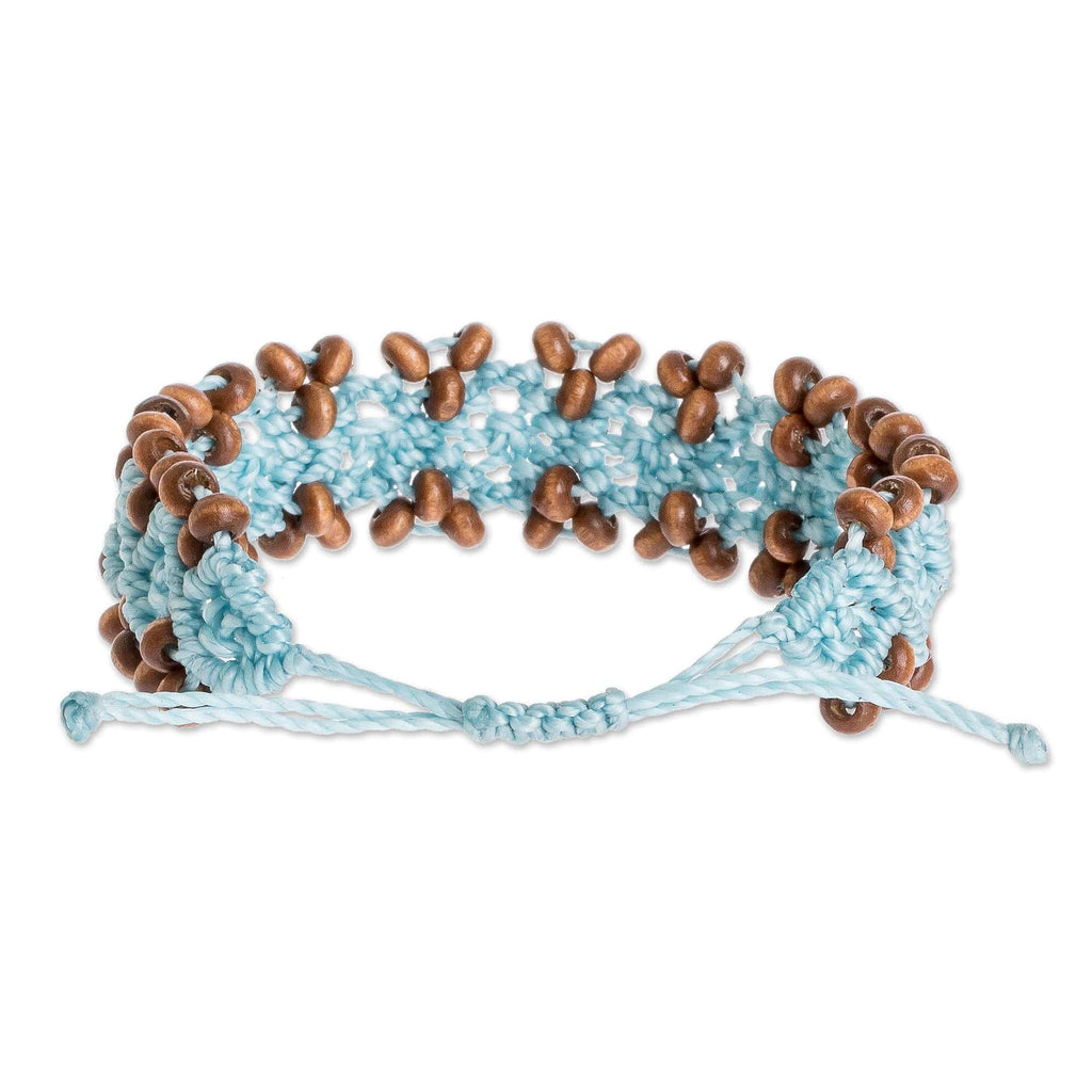 Pine Wood Beaded Rhomboid Macrame Bracelet in Light Blue - Boats on the Sea