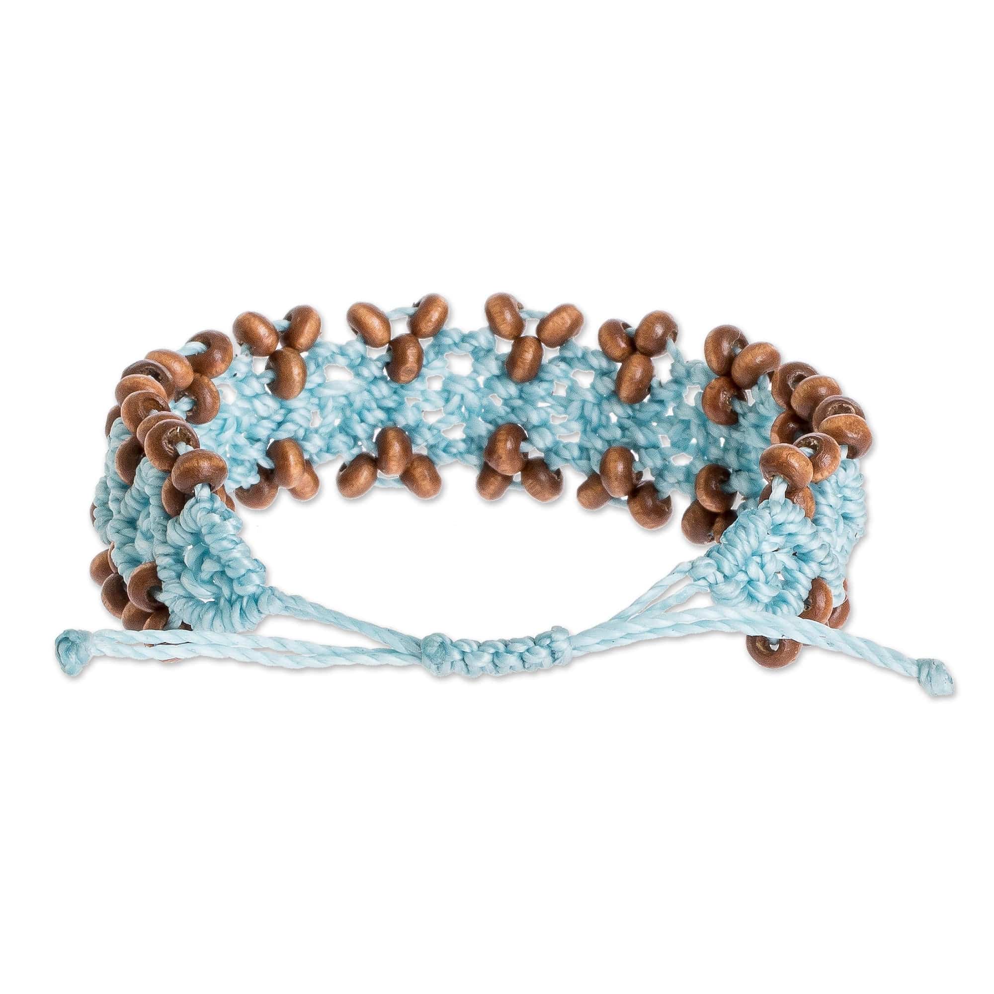 Pine Wood Beaded Rhomboid Macrame Bracelet in Light Blue - Boats on the Sea