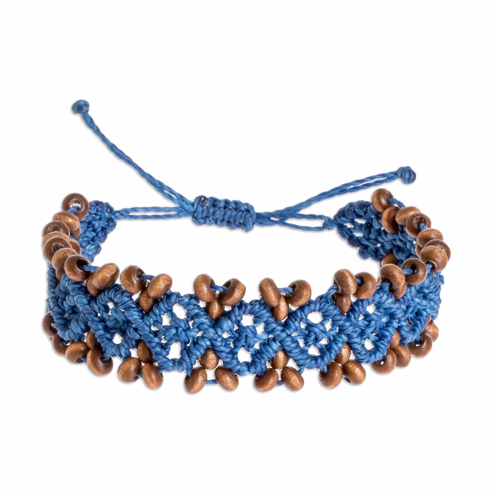 Ocean Blue Macrame Bracelet with Pinewood Beads - Boats on Ocean