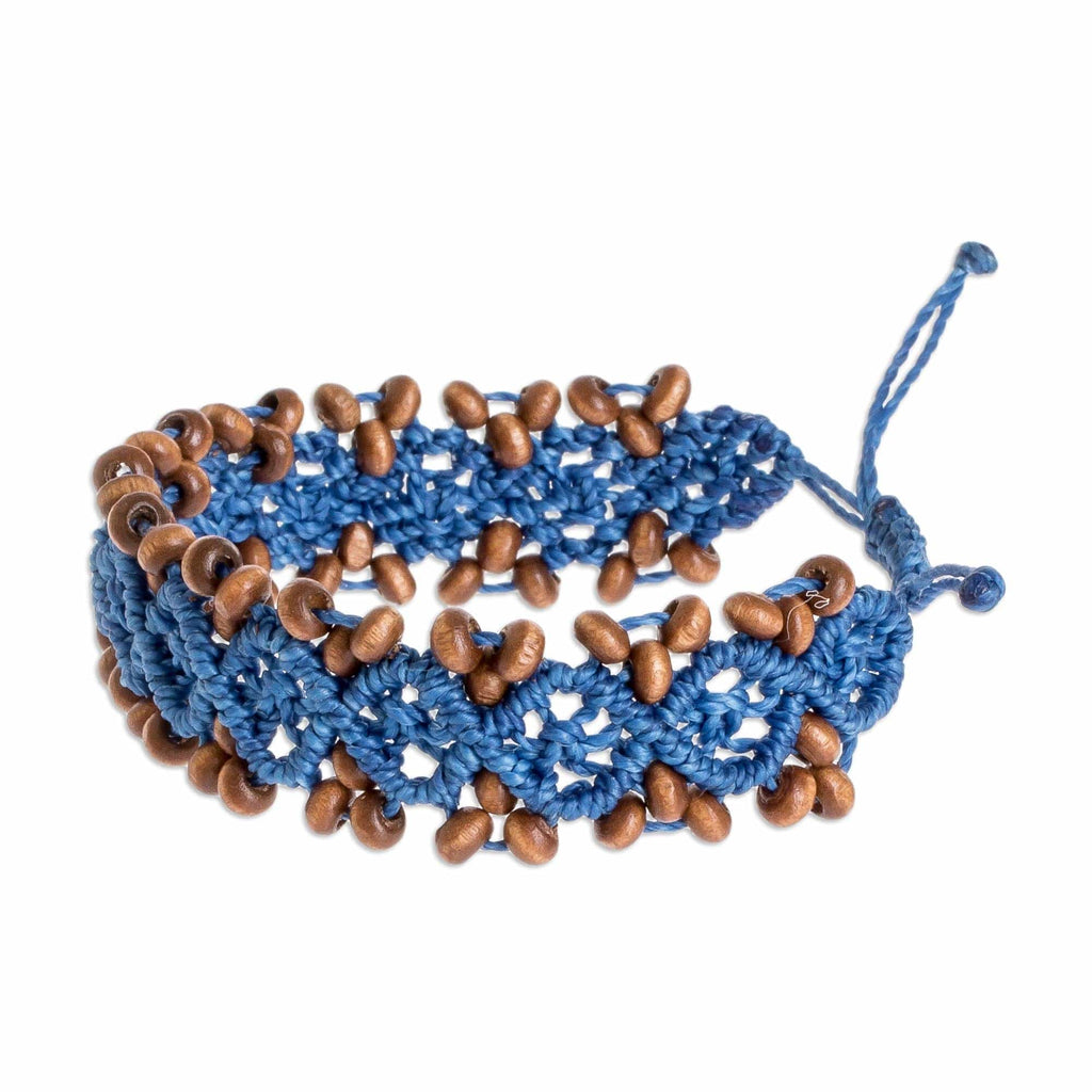 Ocean Blue Macrame Bracelet with Pinewood Beads - Boats on Ocean