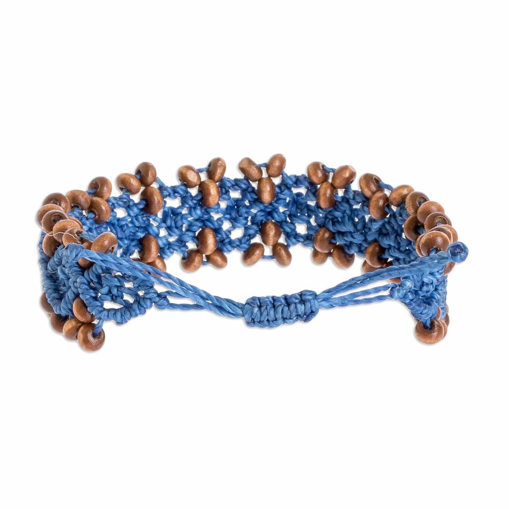 Ocean Blue Macrame Bracelet with Pinewood Beads - Boats on Ocean