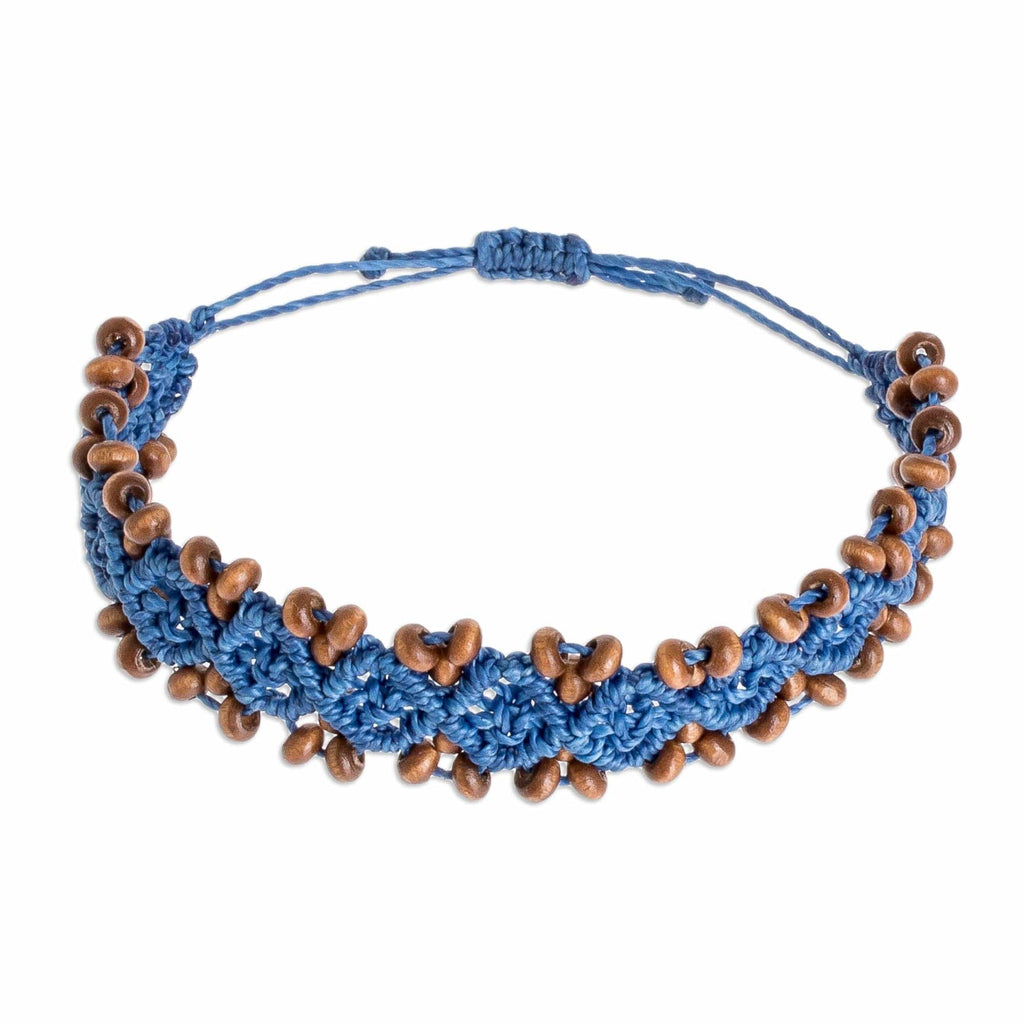 Ocean Blue Macrame Bracelet with Pinewood Beads - Boats on Ocean