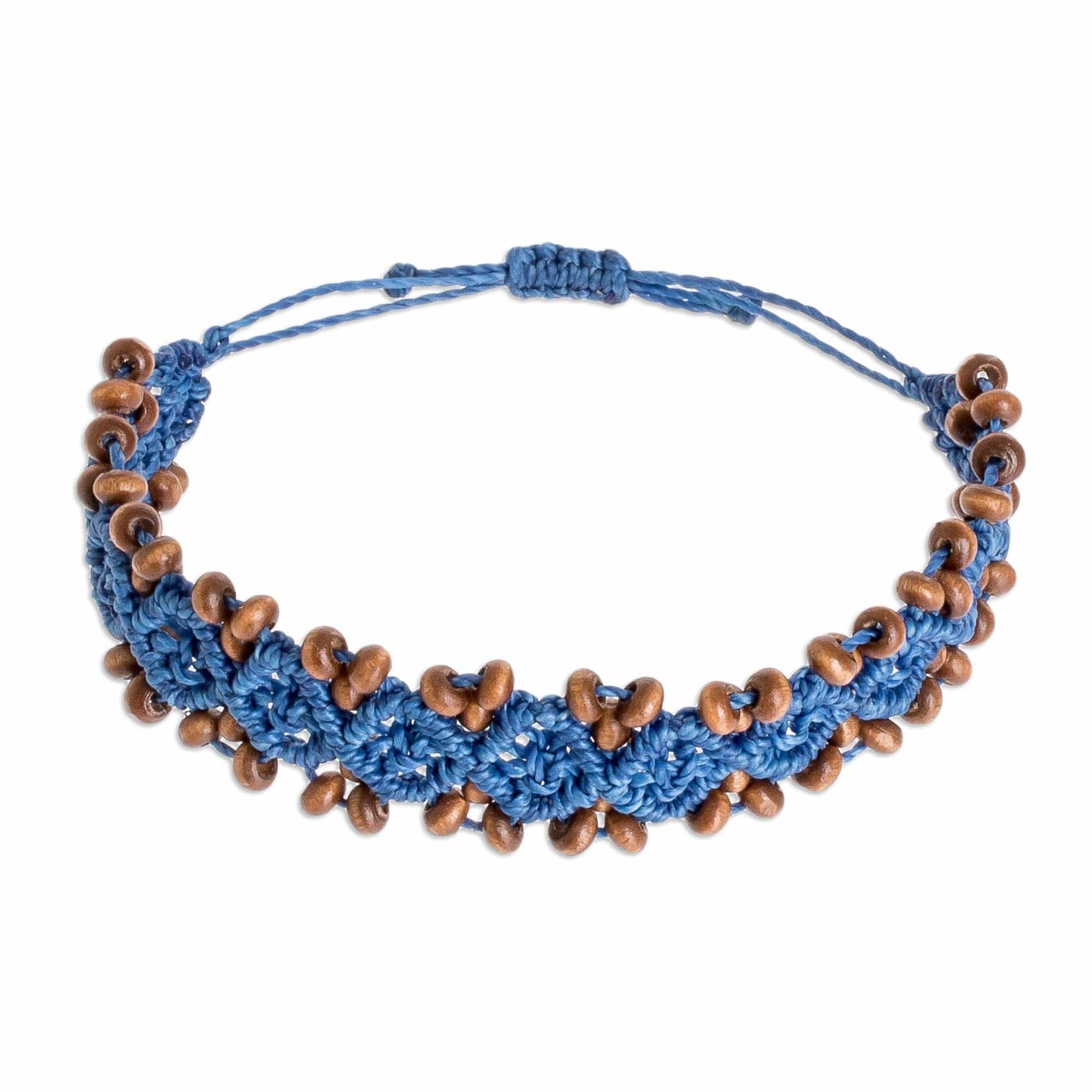 Ocean Blue Macrame Bracelet with Pinewood Beads - Boats on Ocean