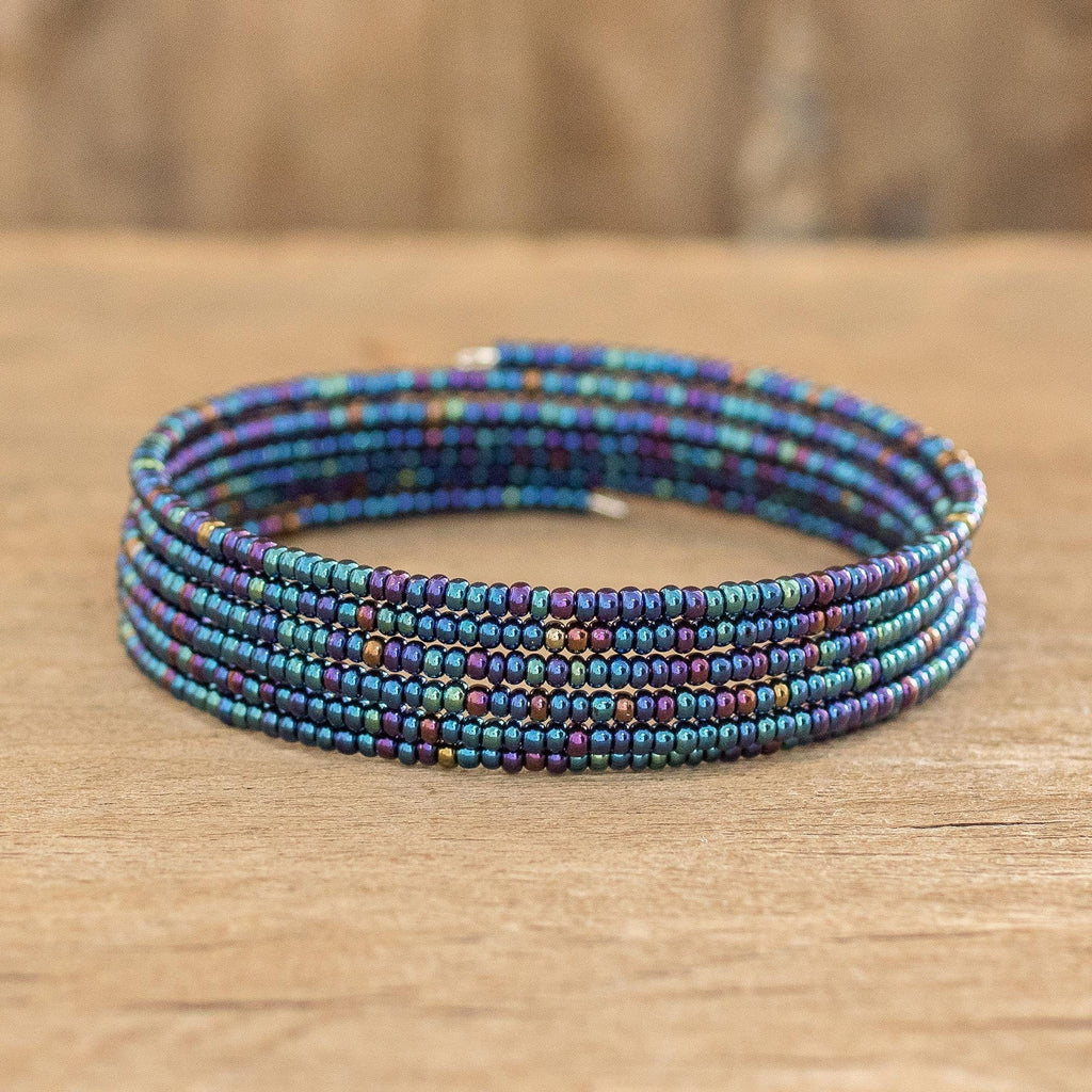 Multi-Hued Blue Glass Bead Bracelet on Stainless Steel Wire - Shimmering Azure