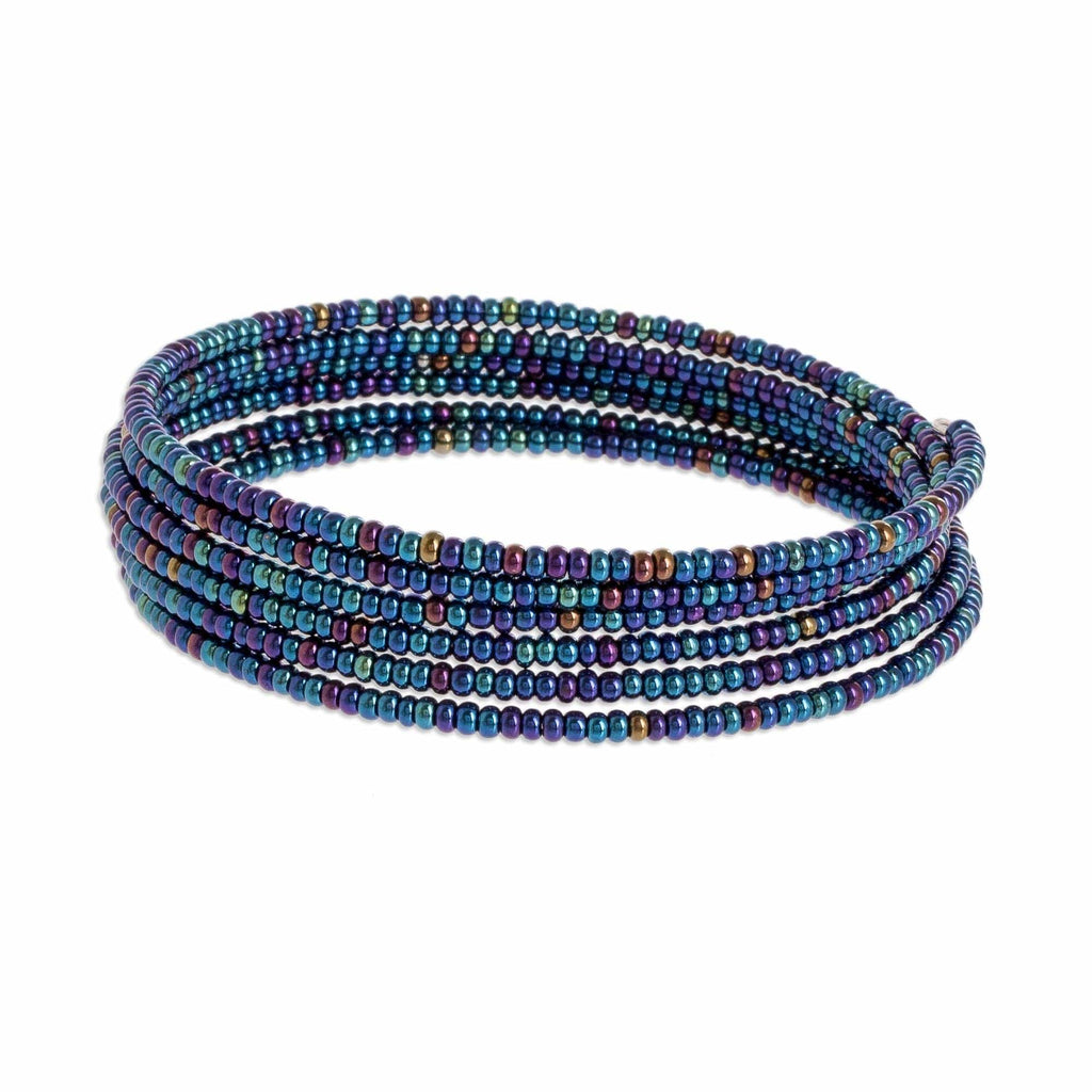 Multi-Hued Blue Glass Bead Bracelet on Stainless Steel Wire - Shimmering Azure