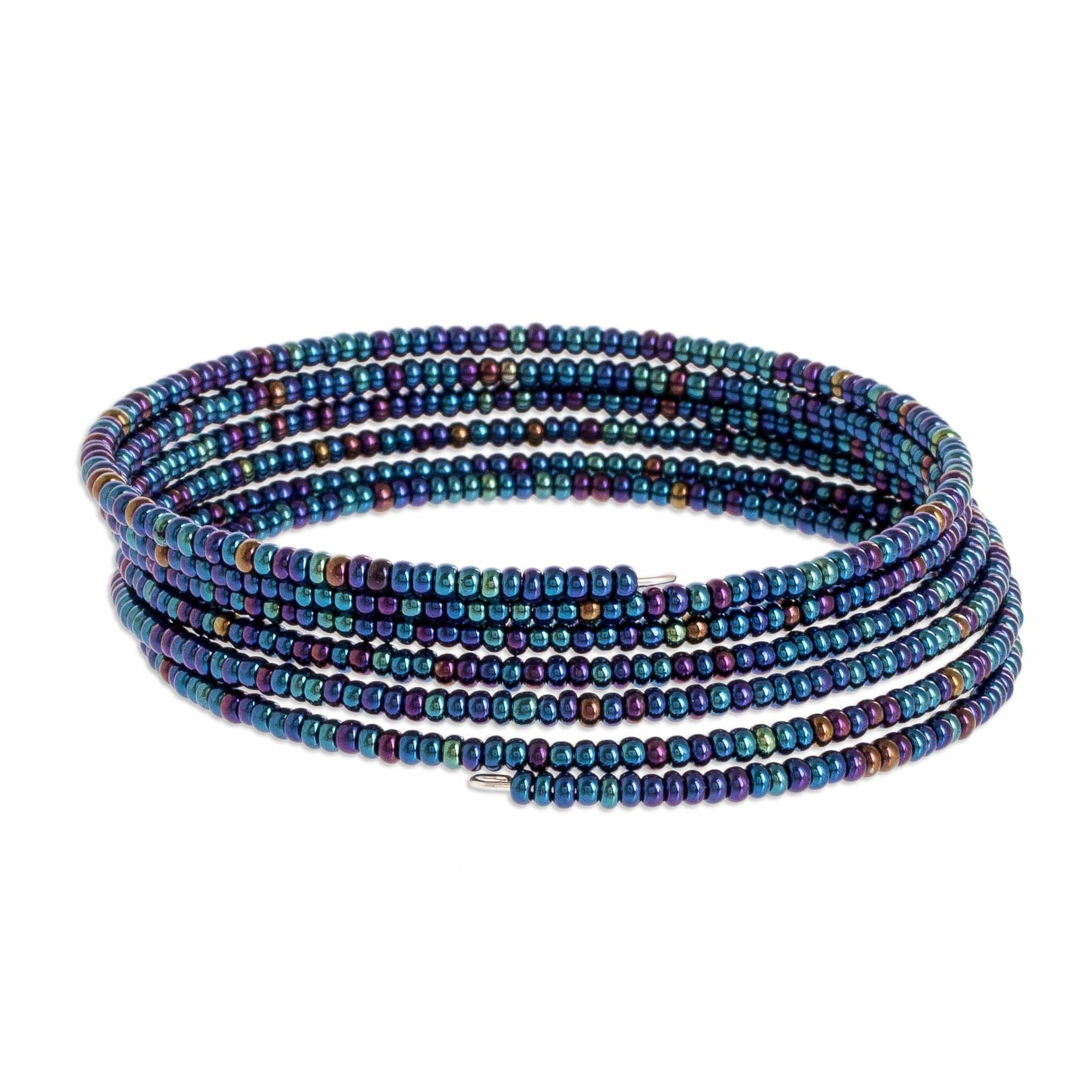 Multi-Hued Blue Glass Bead Bracelet on Stainless Steel Wire - Shimmering Azure