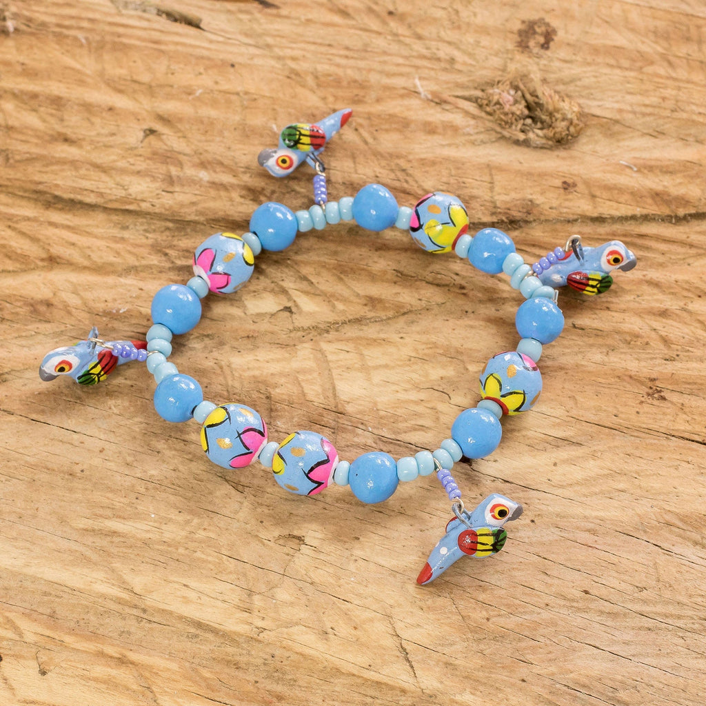 Handcrafted Ceramic Beaded Stretch Bracelet from Guatemala - Macaws in the Sky