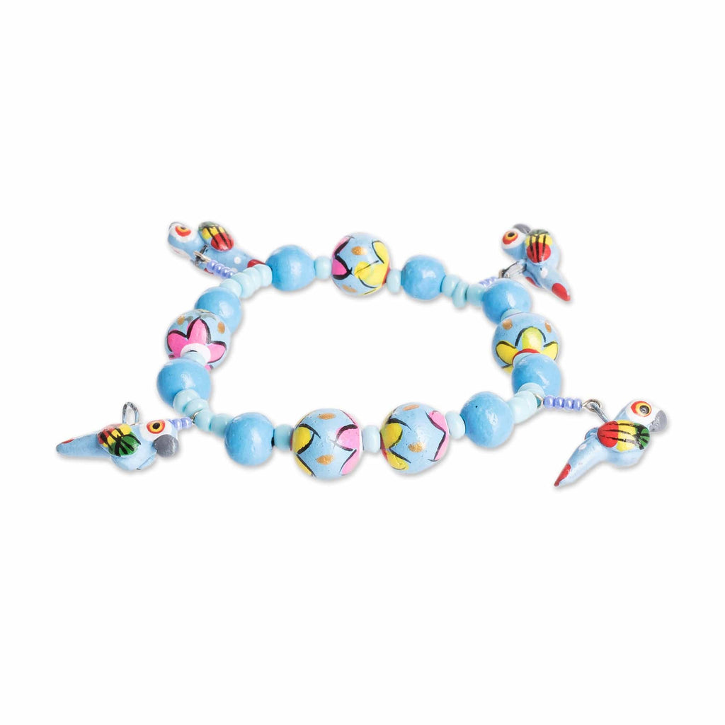Handcrafted Ceramic Beaded Stretch Bracelet from Guatemala - Macaws in the Sky
